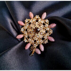 Rare Find Vintage Purple Stones Amber Rhinestones Gold Toned Flower Brooch Pin